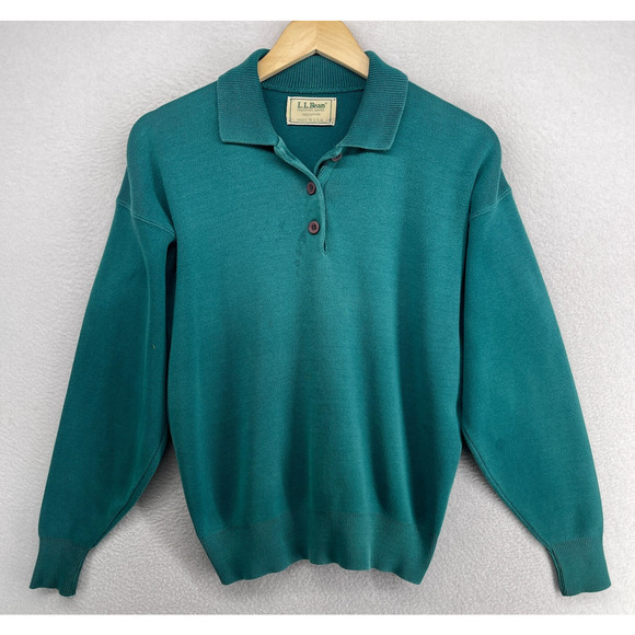L.L. Bean Sweaters - LL BEAN Sweater Womens M Polo Jumper Long Sleeve Pullover Cotton Green VTG USA